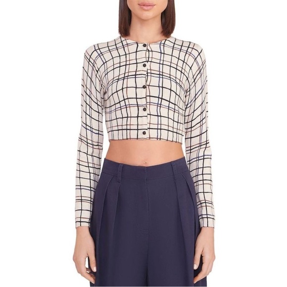 Staud Deanna White Cropped Long Sleeve Cardigan Sweater Windowpane Plaid - Picture 1 of 6